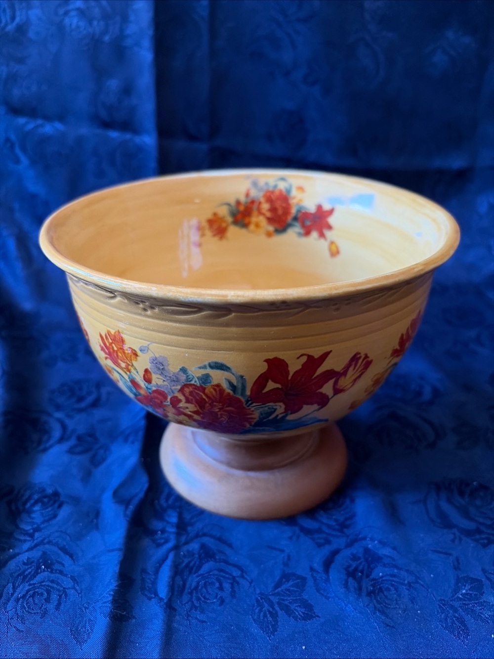 VTG FTD Ceramic 7” Floral Bowl W/Wood Pedestal